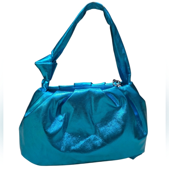 Free People Viva La Vegan Blue Metallic Shoulder Bag With Removable Chain Strap - Picture 2 of 5